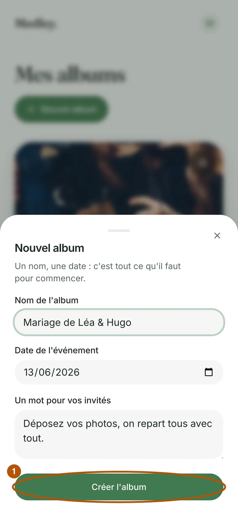 La fenêtre « Nouvel album » : un nom, une date, un mot pour les invités, et le bouton « Créer l'album » entouré en bas.