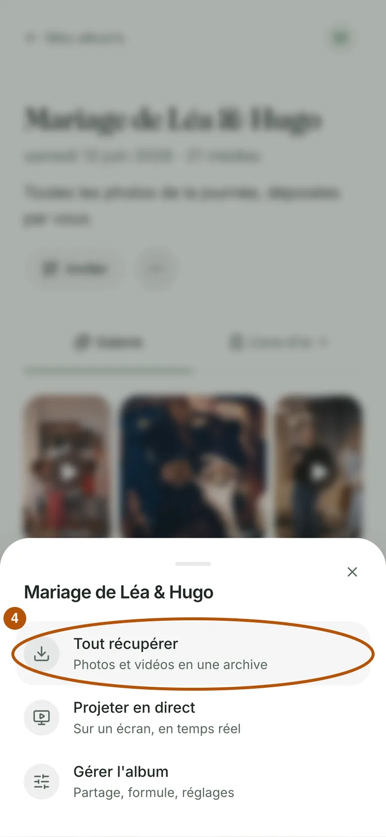 Le menu de l'album ouvert, avec l'entrée « Tout récupérer, photos et vidéos en une archive » entourée.