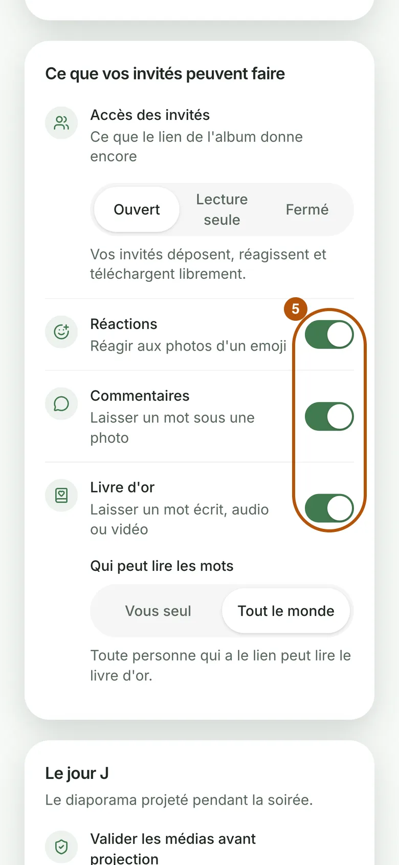 Les réglages de l'album : accès des invités, et les interrupteurs Réactions, Commentaires et Livre d'or entourés.